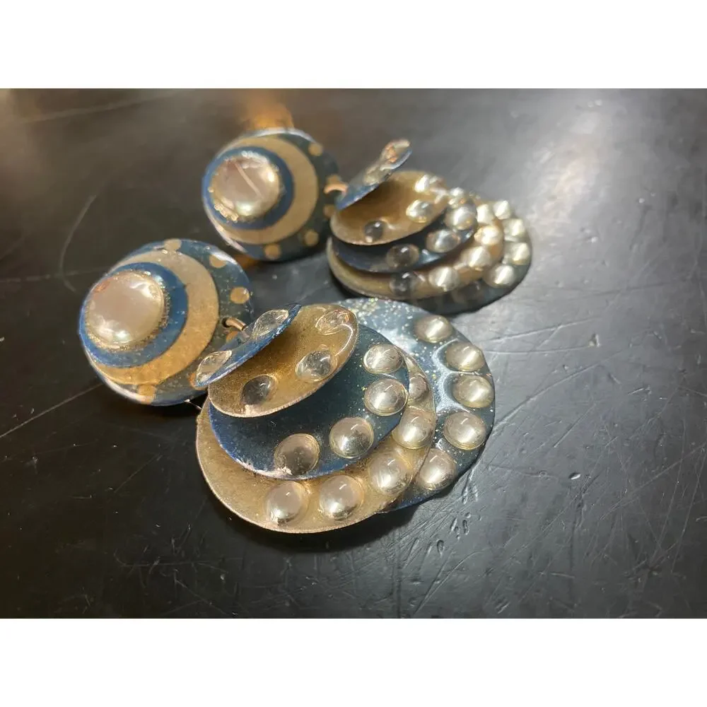 vintage 1980s huge statement earrings, blue rhinestones, 80s fashion, clip on